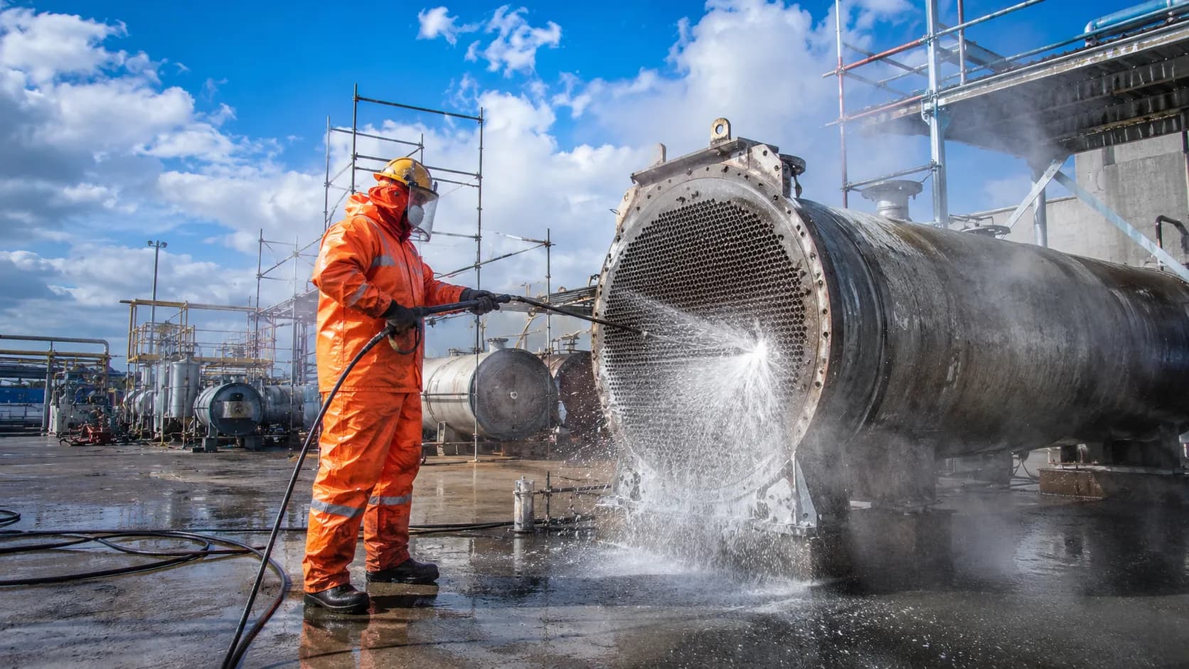 Industrial high-pressure water jetting in action